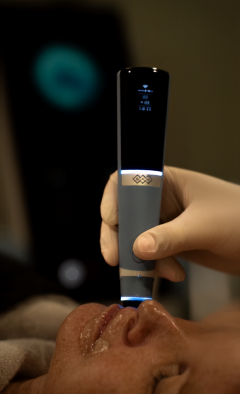 An EXION applicator being used on a client's face